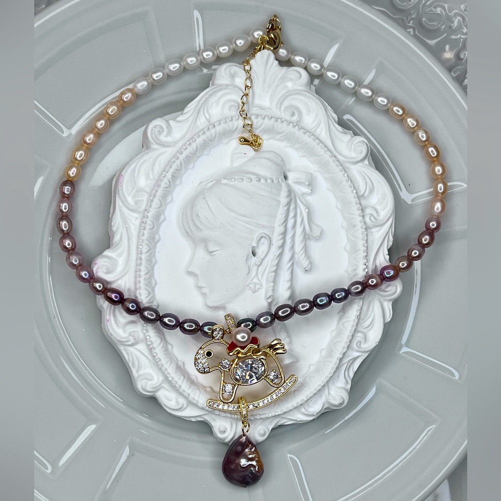 Handmade Freshwater Ombre Pearl Rocking Horse Necklace Detachable Pendant 3 In 1